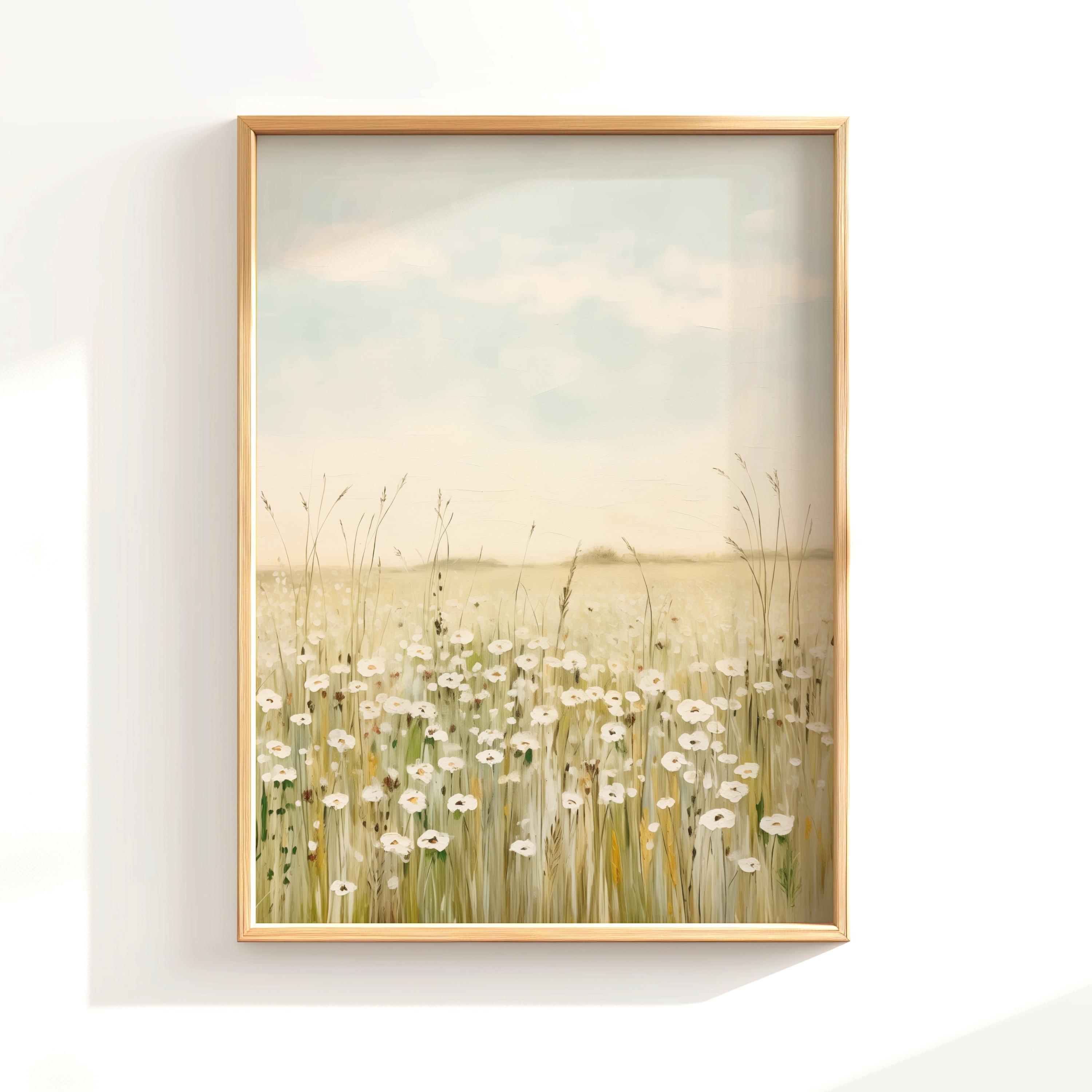 落ち着いたワイルドフラワーアートプリント グリーンの自然画 花の壁