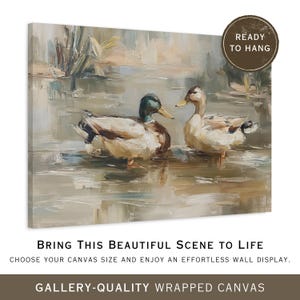 two ducks swimming in a body of water, with a text overlay that reads "Bring This Beautiful Scene to Life" and "choose your canvas size and enjoy an effortless wall display."