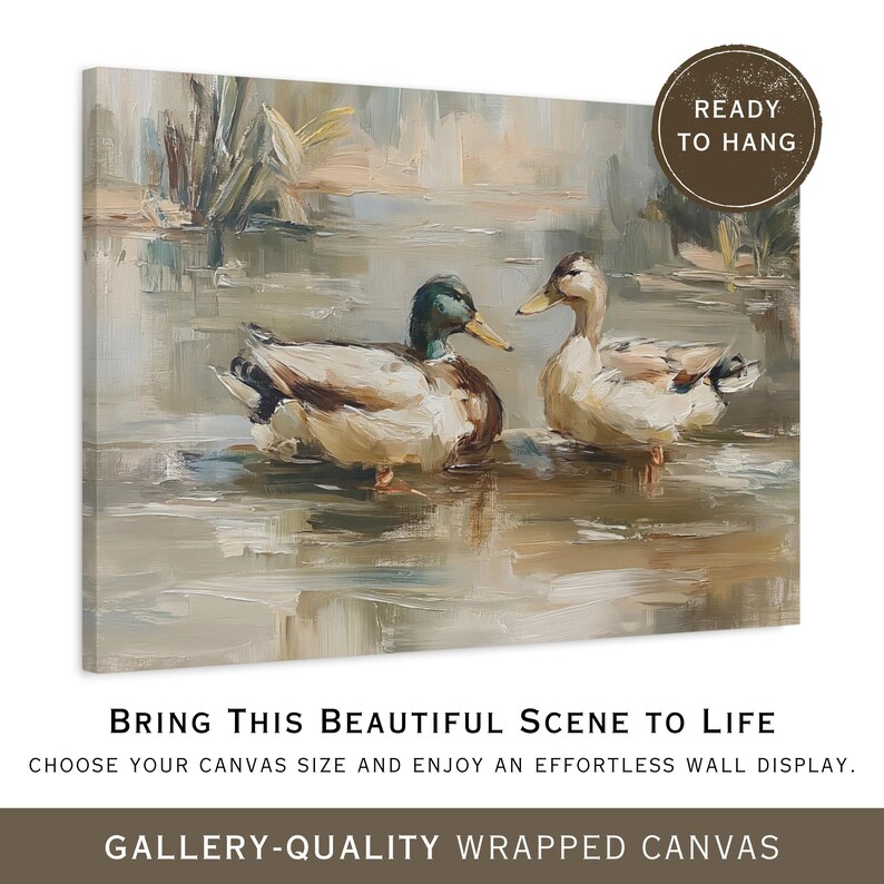 two ducks swimming in a body of water, with a text overlay that reads "Bring This Beautiful Scene to Life" and "choose your canvas size and enjoy an effortless wall display."