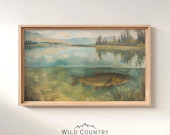 Printable Antique Trout Oil Painting, Rustic Lake Landscape Painting, Vintage Trout Fish Wall Art, Lake House Decor, Fisherman Gift For Dad