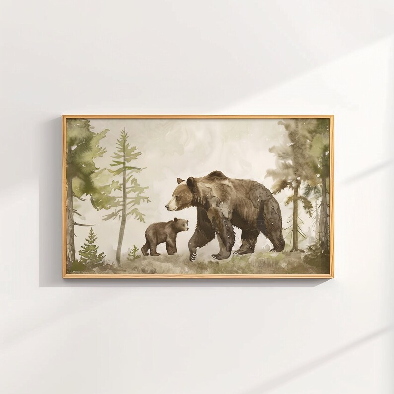 a painting of a bear and cub in a forest