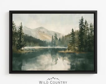 Framed Mountain Lake Painting Glacier National Park Art Mountain Wall Art Canvas Vintage Calm Lake Art Print on Canvas Rustic Forest Print