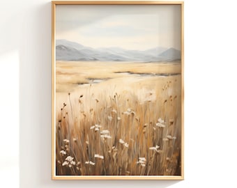 Gold Flower Field Painting Calm Wildflower Landscape Print White Flower Wall Art Mountain Painting Floral Western Wall Art Country Field
