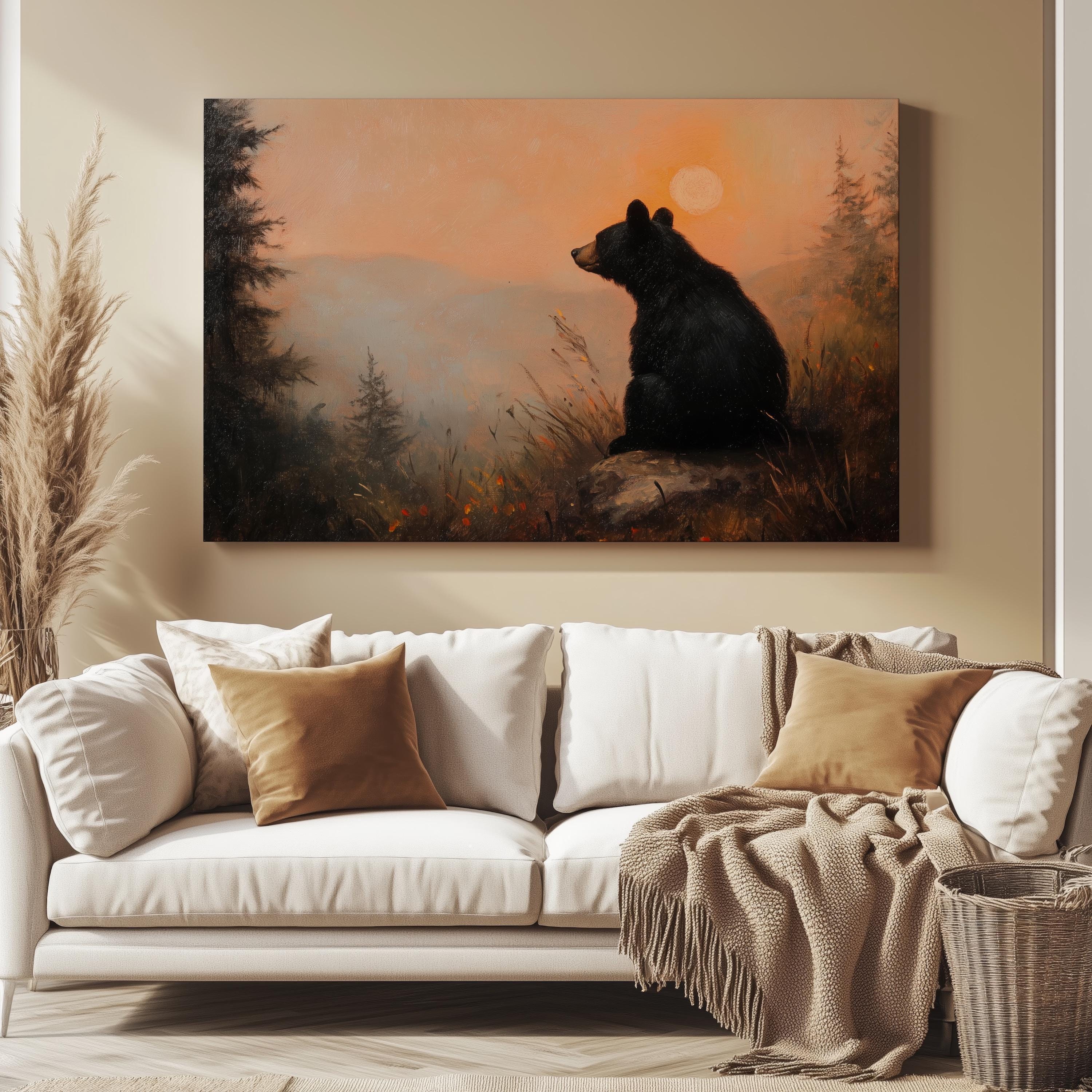 愛らしい黒クマのキャンバス、夕焼けの空の絵、クマの子の絵