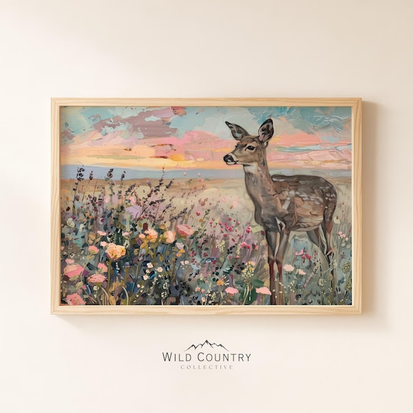 Vintage Deer Fawn Poster Print, Woodland Nursery Wall Decor, Antique Deer Oil Painting, Wildflower Field Wall Art, Colorful Sunset Print