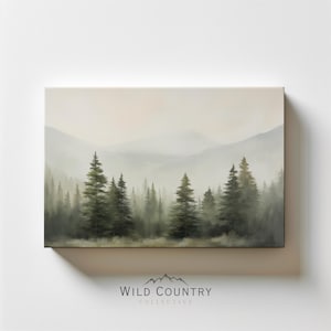 Muted Pine Tree Wall Art Canvas Evergreen Tree Painting Pine Tree Print Canvas Forest Landscape Painting Mountain Foggy Art for Cabin Rustic