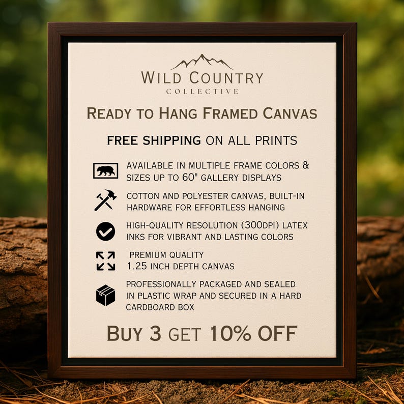 The image is an advertisement for Wild Country Collective's framed canvas products. It features a list of features and benefits for the products, including free shipping on all prints, availability in multiple frame colors and sizes, cotton and polyester canvas, built-in hardware, high-quality resolution, latex inks, 1.25-inch depth canvas, professionally packaged, and secured in a hard cardboard box. The advertisement also offers a buy-three-get-ten-per-cent discount.