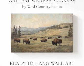 Vintage Buffalo Matte Canvas, Mountain Landscape Wall Art, Western Bison Decor, Wildlife Wall Art, American Bison Painting Print on Canvas