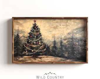 Antique Christmas Tree Print, Cabin Decor, Dark Forest Painting, Christmas Wall Decor, Vintage Holiday Wall Art, Rustic Pine Tree Print
