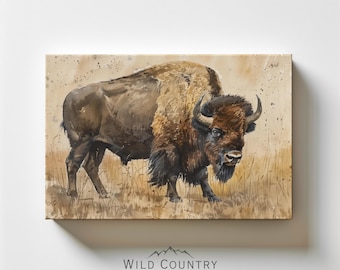 American Buffalo Art, Wildlife Decor, Watercolor Bison Matte Canvas, Country Western Decor, Vintage Buffalo Painting, Rustic Bison Wall Art