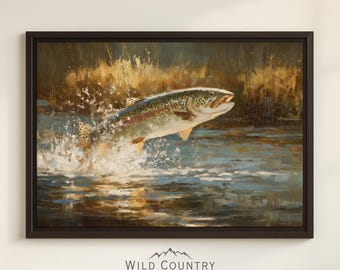 Framed Fishing Art Print Trout Canvas Vintage Fly Fishing Painting Lake Landscape Art Fish Wall Decor Rustic Nature Scene Art for Cabin Room