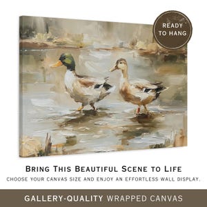 two ducks walking on a body of water, with a text overlay that reads "Bring This Beautiful Scene to Life" and "choose your canvas size and enjoy an effortless wall display."