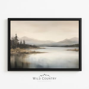 Framed Lake Painting Muted Canvas Mountain Print Vintage Lake Forest Print Calm Pine Tree Painting Rustic Cabin Decor Mountain Lake Wall Art