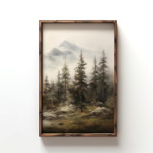 Woodland Wall Art, Log Cabin Decor, Montana Art, Evergreen Pines Poster Print, Vintage Pine Tree Wall Art, Rustic Forest Vertical Painting