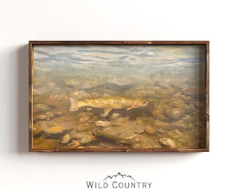Printable Antique Trout Oil Painting, Lake Landscape Painting, Lake House Decor, Fisherman Gift For Dad, Trout Fish Wall Art, Vintage Print