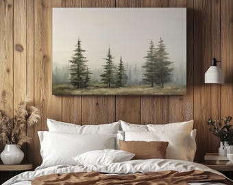 Muted Forest Canvas Print, Evergreen Pine Trees Painting, Cabin Wall Decor, Woodland Wall Art, Rustic Tree Painting, Vintage Pine Tree Print