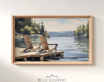 Printable Adirondack Chairs Painting, Vintage Lake Landscape, Lake Painting, Pine Tree Print, Mountain Wall Art, Cabin Decor, Montana Print