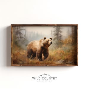 Zwervende grizzlybeer schilderij, poster bruine beer, rustieke berg schilderij, pijnbomen, Glacier National Park kunst aan de muur, rustieke cabine decor afbeelding 1