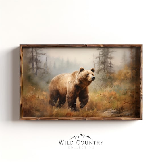 Wandering Grizzly Bear Painting, Brown Bear Poster, Rustic Mountain Painting, Pine Trees, Glacier National Park Wall Art, Rustic Cabin Decor