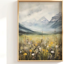 Cartel de flores silvestres en el glaciar, cartel del Parque Nacional Glaciar, arte de montaña vintage, pintura al óleo del paisaje de Montana, pintura rústica de montaña