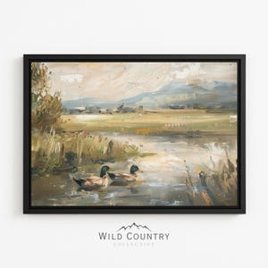 Framed Duck Pond Canvas Print Vintage Duck Painting Earth Tone Wall Art Rustic Cabin Decor Mallard Duck Art for Bedroom Bird Hunter Gift