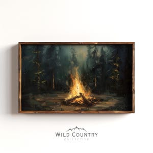 Rustic Campfire Art Print, Vintage Forest Painting, Moody Pine Tree Poster Print, Camping Theme Wall Art, Cabin Wall Decor, Dark Wall Art