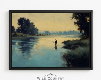 Framed Fishing Art Canvas River Landscape Outdoorsman Wall Art for Office Fly Fishing Painting Framed Fisherman Print Vintage Montana Art