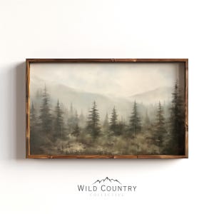 Printable Rustic Forest Landscape Painting, Vintage Pine Tree Forest Painting, Muted Pine Tree Wall Art, Cabin Decor, Evergreen Tree Print