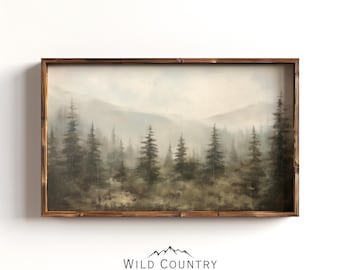 Printable Rustic Forest Landscape Painting, Vintage Pine Tree Forest Painting, Muted Pine Tree Wall Art, Cabin Decor, Evergreen Tree Print