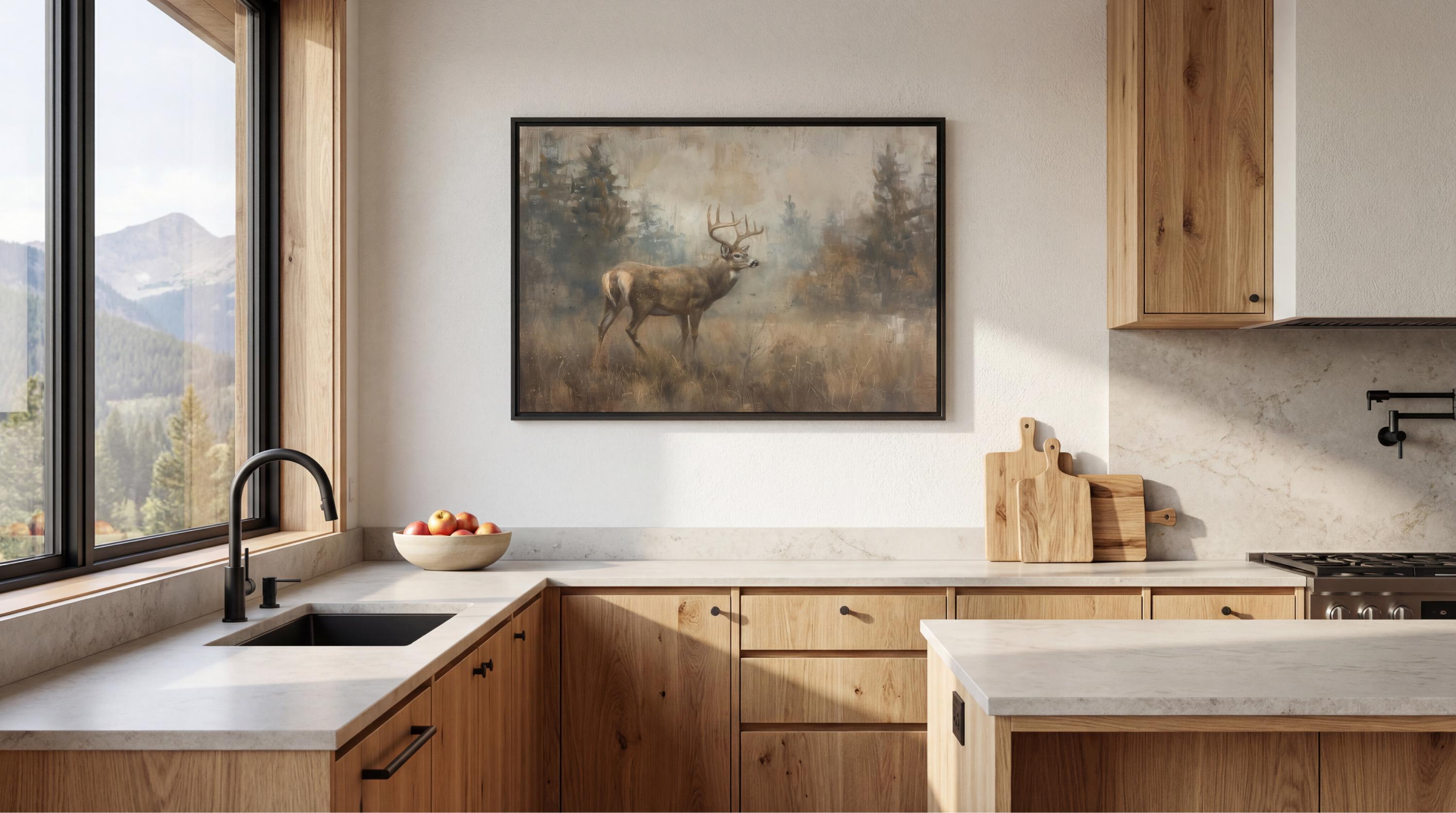 Framed Deer Canvas Rustic Wildlife Wall Art Buck in Forest Landscape ...