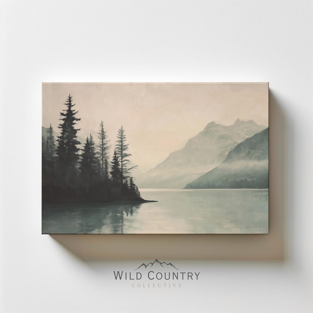 Mountain Lake Wall Art Muted Nature Painting Calm Montana Art Print ...