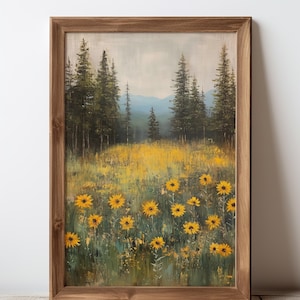 Könnte beinhalten: Ein gerahmtes Gemälde, das eine Waldszene mit einem Feld voller gelber Wildblumen im Vordergrund zeigt. Die Bäume sind dunkelgrün und der Himmel ist hellblau mit ein paar Wolken. Die Berge im Hintergrund sind in einem verschwommenen Blau gehalten.