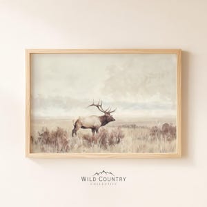 Vintage Elk Painting, Rustic Cabin Decor, Montana Wall Art, Muted Woodland Animal Poster Print, Countryside Print, Man Cave Hunting Decor