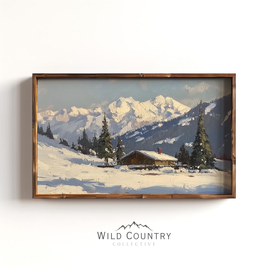 Winter Mountain Cabin Art Print Snowy Alpine Landscape Wall Art Rustic ...