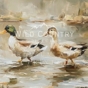 two ducks walking on a body of water, with a hazy, dreamlike background.
