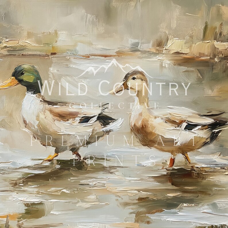 two ducks walking on a body of water, with a hazy, dreamlike background.