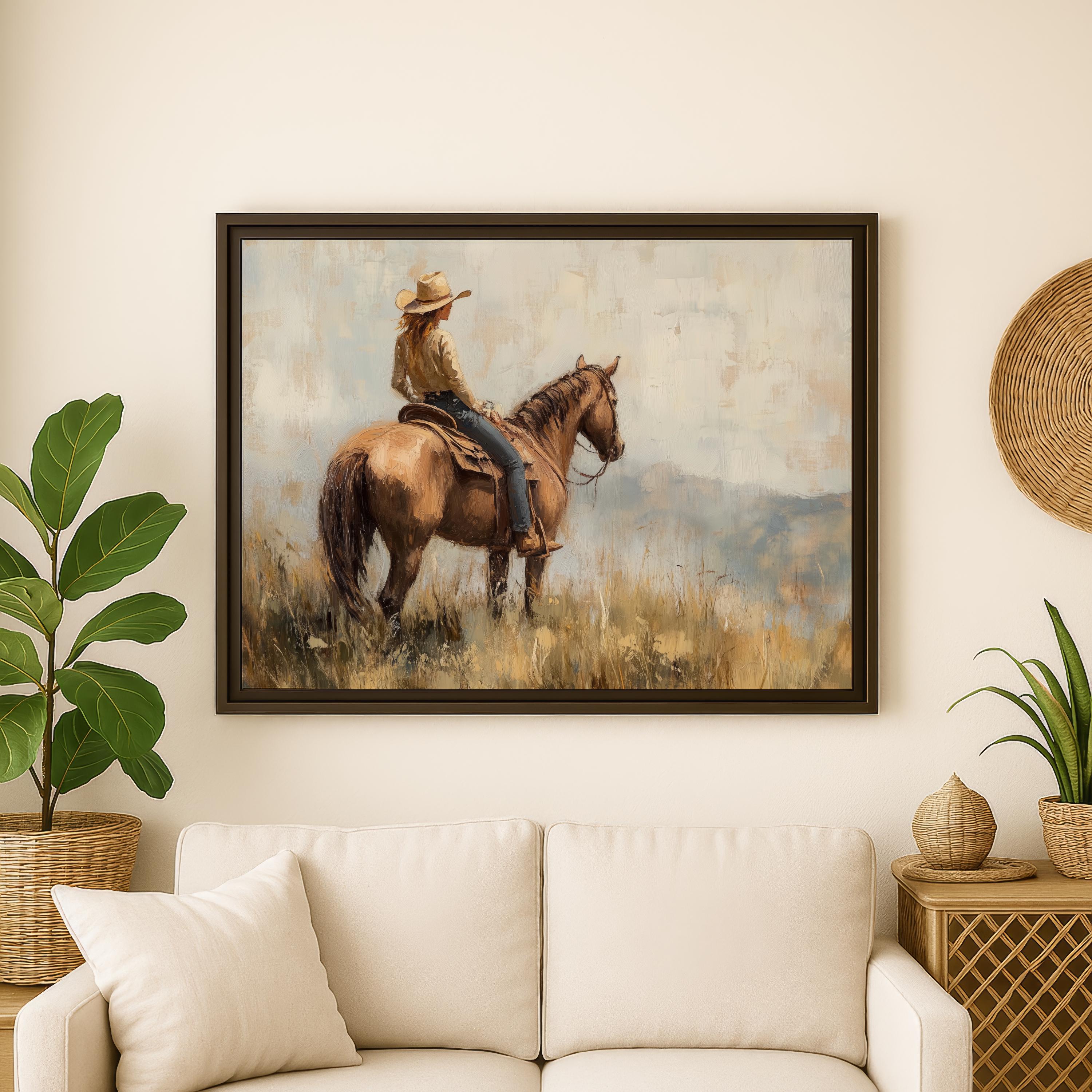 Stampa su tela vintage di una cowgirl, decorazione da parete western, dipinto su tela con cavalli, decorazione da parete rustica da fattoria, arte per la stanza delle ragazze, dipinto di una cowgirl