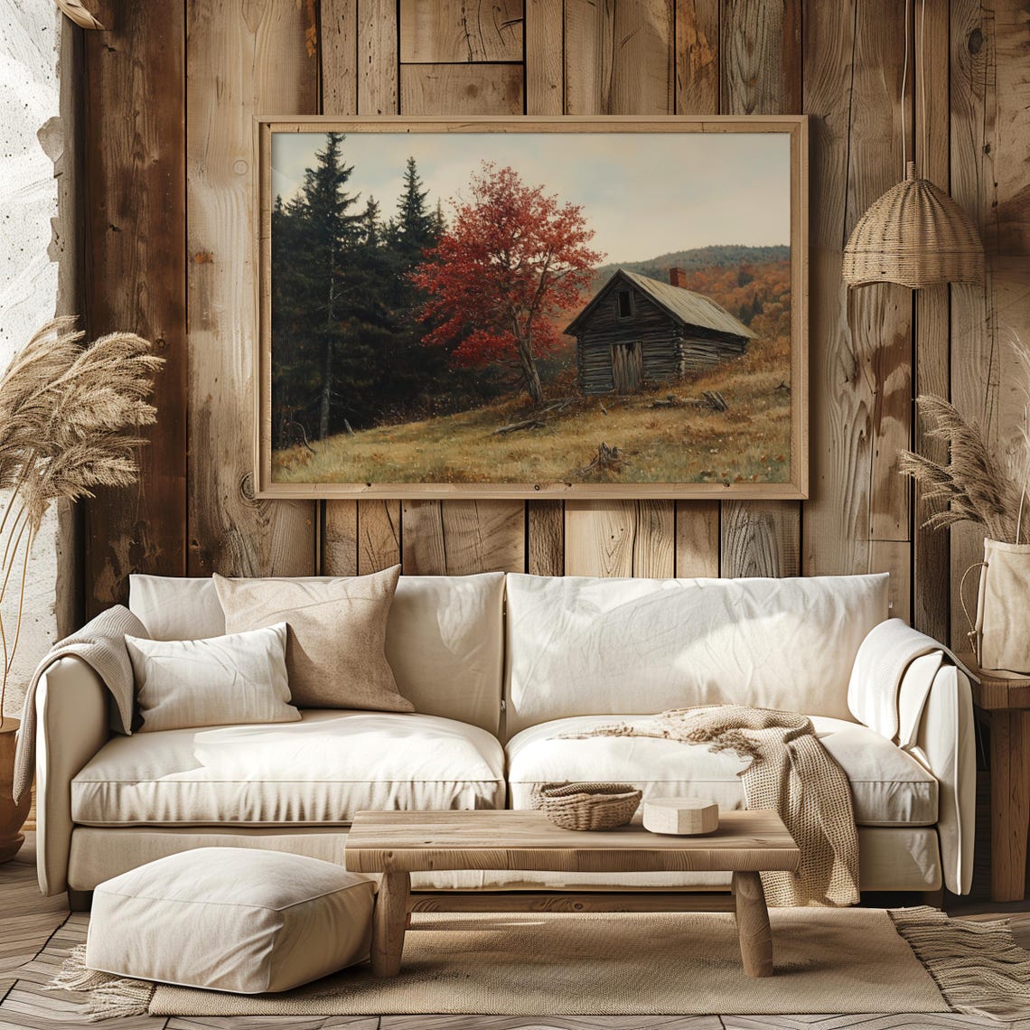 Rustic Red Maple Print, Vintage Old Cabin Painting, Rustic Fall Print