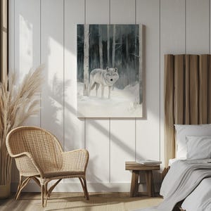 Vintage Gray Wolf Canvas, Winter Wolf Painting, Wildlife Art Print, Rustic Cabin Style Art, Moody Forest Wall Decor, Snowy Forest Landscape