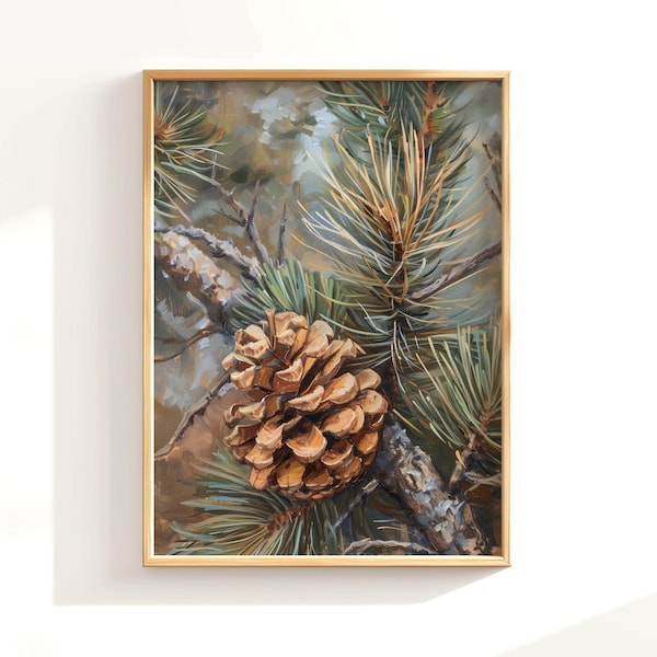 Vintage Pine Cone Oil Painting, Pine Tree Wall Art, Christmas Holiday Decor, Evergreen Pine Tree Art Print, Woodland Cabin Wall Decor