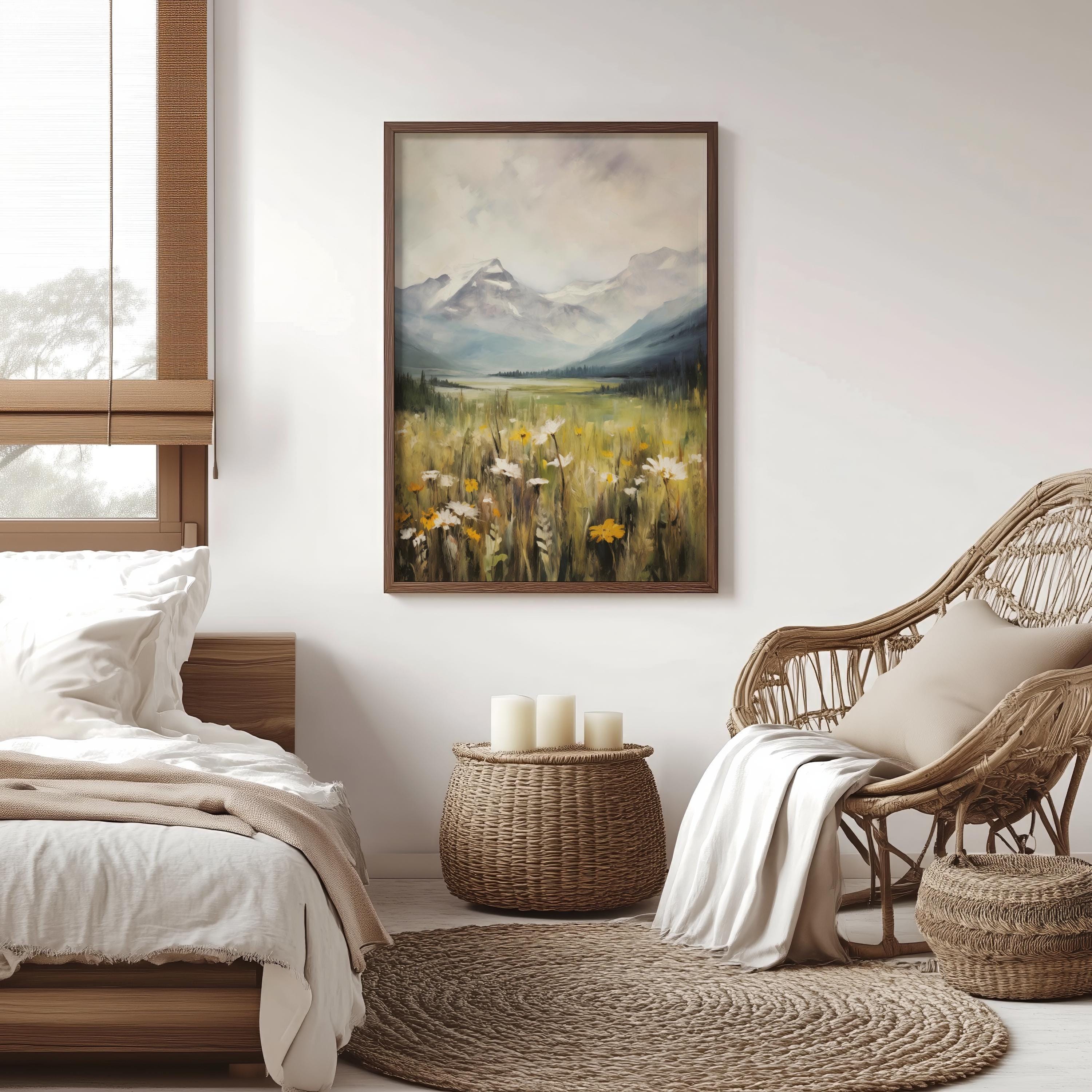 Yellow Wildflowers Art Print, Glacier National Park Painting, Vintage Floral Art, Montana Wall Art, Rustic Mountain Painting, Wildflower Art