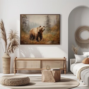 Zwervende grizzlybeer schilderij, poster bruine beer, rustieke berg schilderij, pijnbomen, Glacier National Park kunst aan de muur, rustieke cabine decor afbeelding 4
