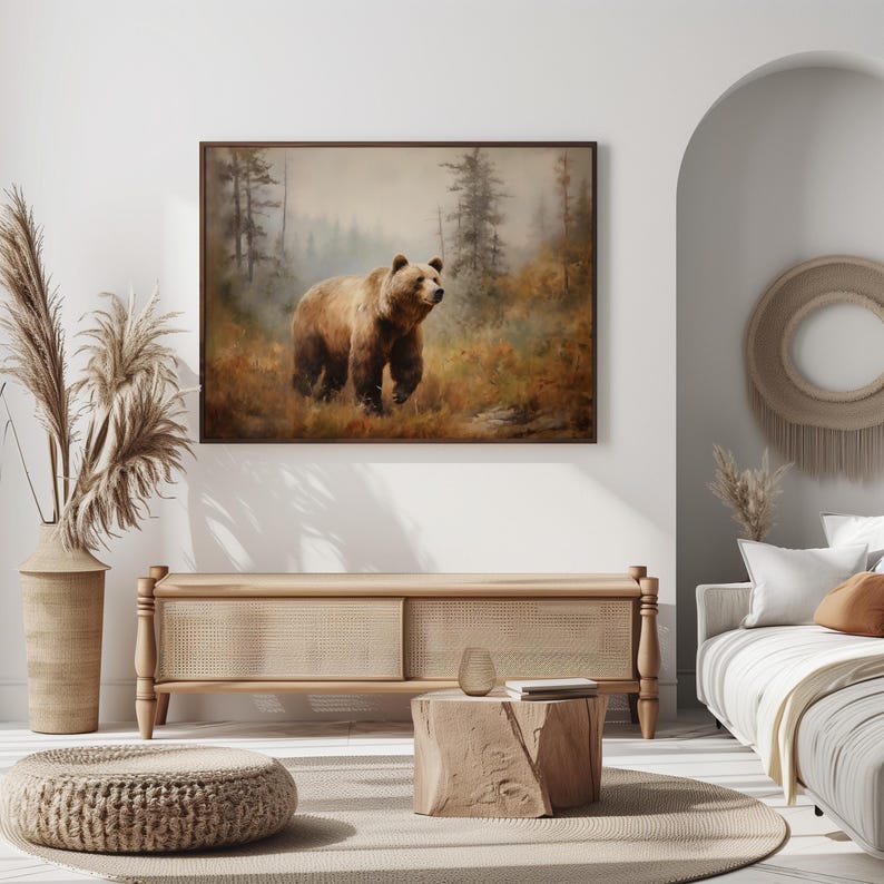 Zwervende grizzlybeer schilderij, poster bruine beer, rustieke berg schilderij, pijnbomen, Glacier National Park kunst aan de muur, rustieke cabine decor afbeelding 4