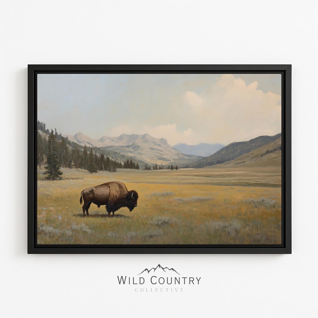 Framed Yellowstone Bison Landscape Canvas Wall Art Western National ...