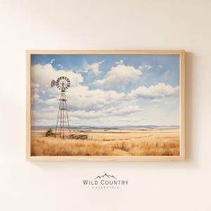 Western Windmill Prairie Art Print Montana Ranch Wheat Field Big Sky Vintage Farmhouse Wall Decor