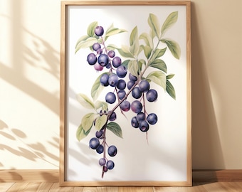 Pintura de arándanos en acuarela imprimible Decoración de pared de arándanos Impresión artística de Montana Decoración de cabaña Arte de pared de arándanos morados Descarga digital