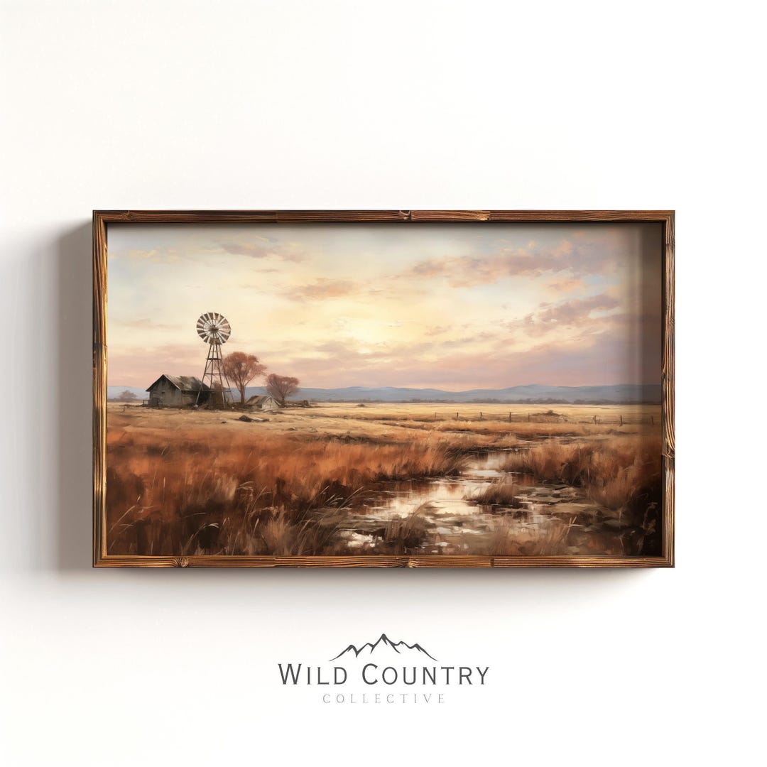 アート・デザイン・音楽 a+t 53 Is This Rural? Vintage Farmhouse Art Print Moody Sunset Scene on Western Farm