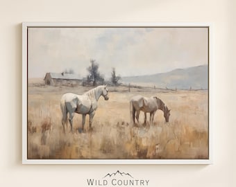 Framed Canvas White Horse Painting Vintage Equestrian Wall Art Farm Decor White Horse Wall Hanging Canvas Western Art Framed Farm Painting
