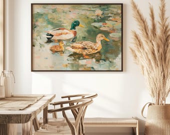 アヒルの家族の絵画 マガモの壁アート オスとメスのアヒルのプリント