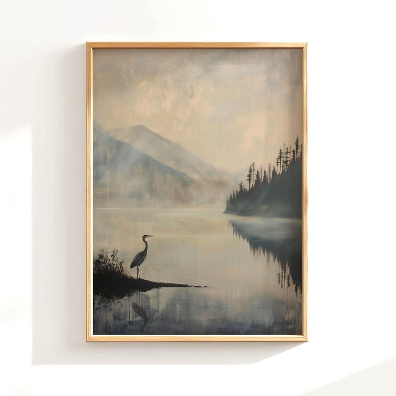Great Blue Heron Art Print, Dark Vintage Art Print, Rustic Cabin Decor, Muted Lake Painting, Rustic Mountain Wall Art, Heron Bird Painting imagen 7